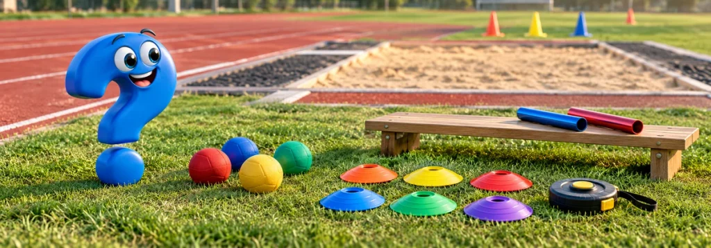 Wurfbälle, flache Markierungen und Maßband für ein Schulsportfest.