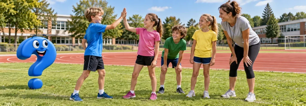 Kinder und Sportlehrerin freuen sich gemeinsam nach einem Schulsportfest.