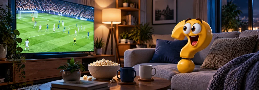 Das gelbe Fragezeichen schaut auf dem Sofa ein Fußballspiel im Champions League Modus im Fernsehen; auf dem Tisch steht Popcorn.