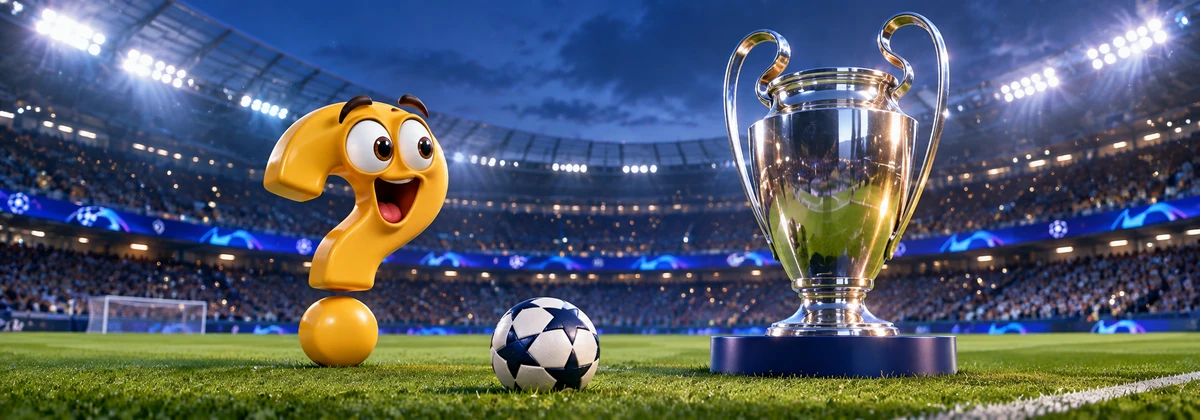 Champions League Modus: Gelbes Question-King-Fragezeichen neben einem Fußball und einem silbernen Pokal im beleuchteten Stadion.