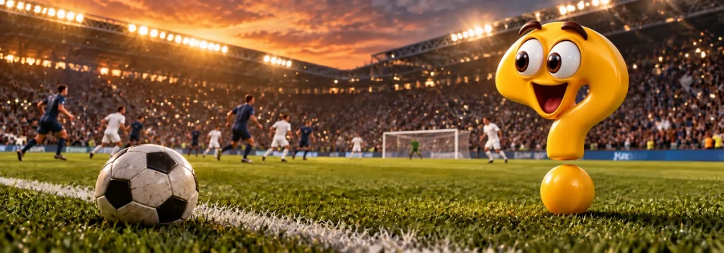 Das gelbe Fragezeichen verfolgt am Spielfeldrand ein nach den neuen Champions League Modus ausgetragenes Fußballspiel unter Flutlicht.