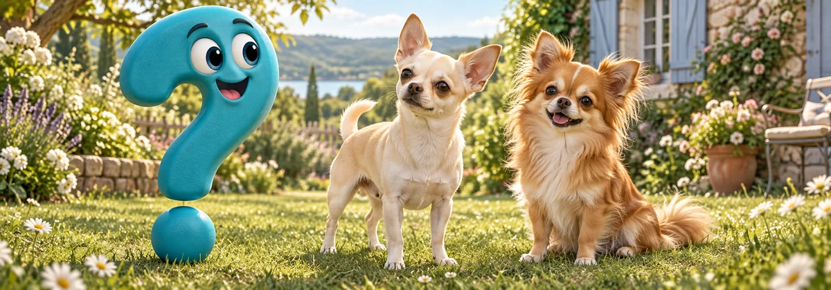 Kurzhaar- und Langhaar-Chihuahua im Garten neben einem türkisfarbenen Fragezeichen-Maskottchen