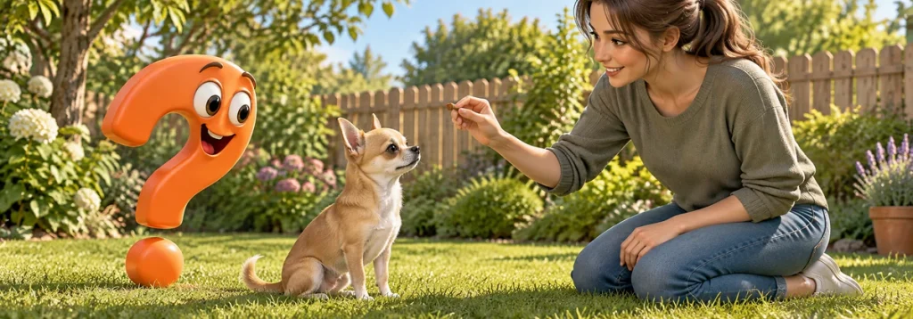 Chihuahua übt im Garten mit einer Frau und einem Leckerli das Sitzen, daneben ein orangefarbenes Fragezeichen-Maskottchen.