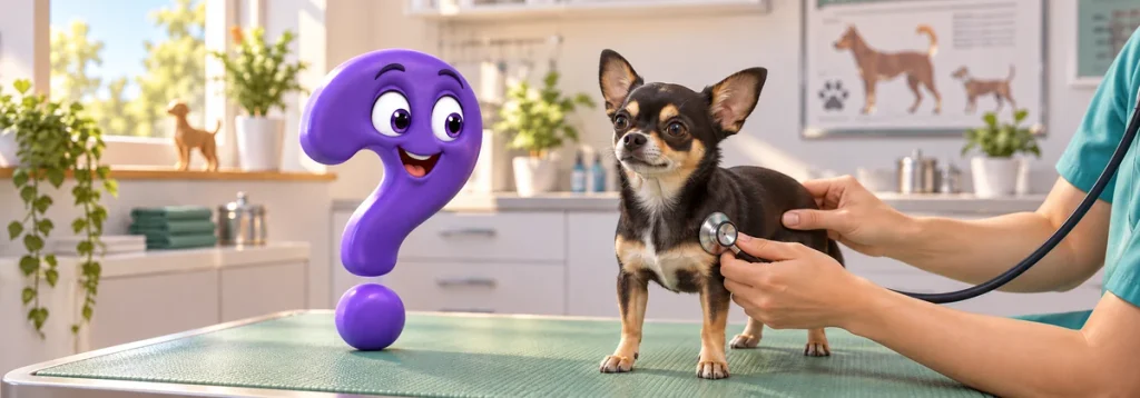 Chihuahua wird auf einer rutschfesten Unterlage mit einem Stethoskop untersucht, daneben ein violettes Fragezeichen