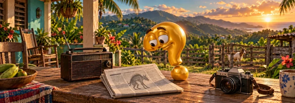 Goldenes Question-King-Fragezeichen neben Radio und Zeitung zur Chupacabra-Legende auf einer tropischen Veranda.