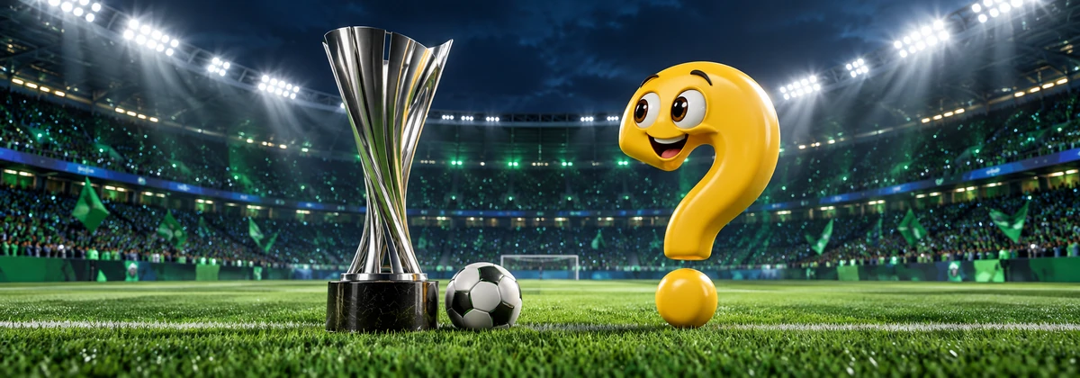 Conference League: Gelbes Fragezeichen-Maskottchen neben einem silbernen Symbolpokal im beleuchteten Fußballstadion.