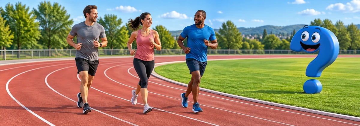 Drei Freizeitläufer laufen beim Training für den Cooper Test gleichmäßig auf einer Sportplatzrunde.