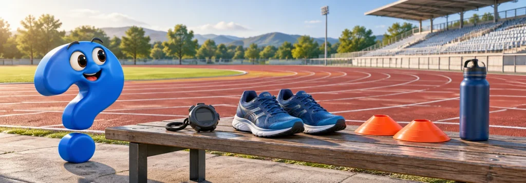 Stoppuhr, Laufschuhe und Markierungshütchen am Rand einer Laufbahn.