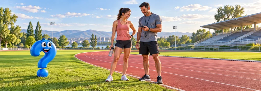Läuferin und Trainer werten nach dem Lauf gemeinsam eine Stoppuhr aus.