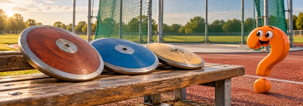Drei flache Diskusse mit Metallrand auf einer Bank neben dem Sportplatz.