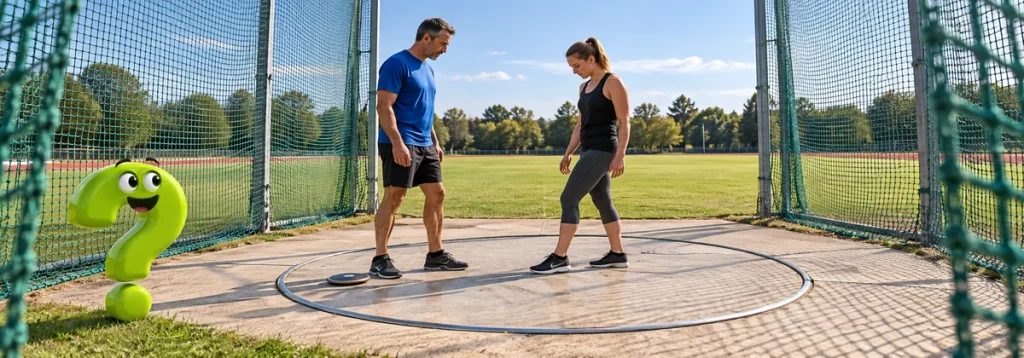 Anfängerin möchte Diskuswerfen lernen und bespricht mit dem Trainer die Fußstellung im Diskuswurfkreis.