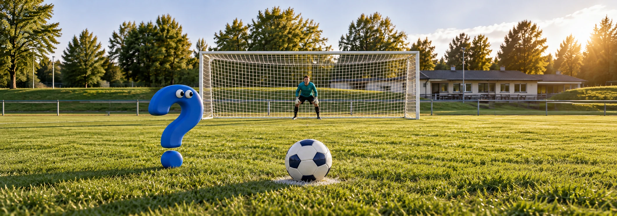Fußball auf dem Elfmeterpunkt vor einem Torwart, daneben ein blaues Fragezeichen-Maskottchen.