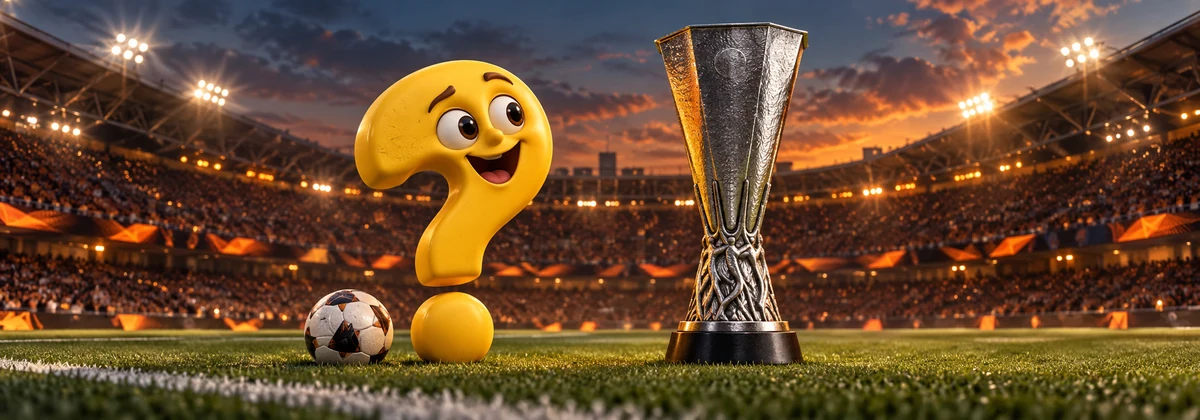 Gelbes Fragezeichen-Maskottchen neben der nach dem Europa League Modus ausgespielten Trophäe im abendlich beleuchteten Fußballstadion.