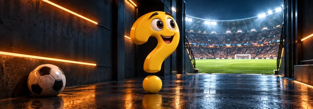 Gelbes Fragezeichen-Maskottchen und Fußball im Spielertunnel vor dem hell beleuchteten Stadion.