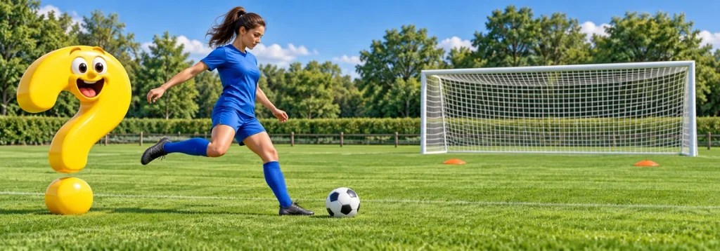 Fußballerin übt einen Freistoß auf ein Trainingstor neben dem gelben Question-King-Fragezeichen
