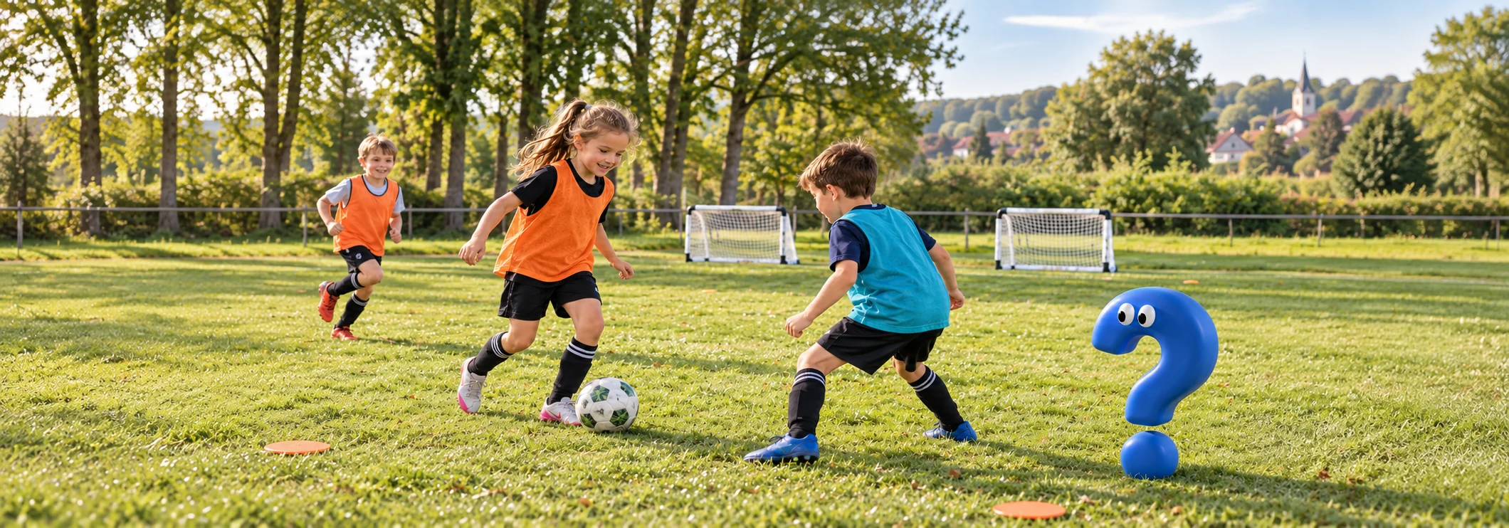 Kinder spielen Funino auf Minitore, begleitet von einem blauen Fragezeichen-Maskottchen am Spielfeldrand.