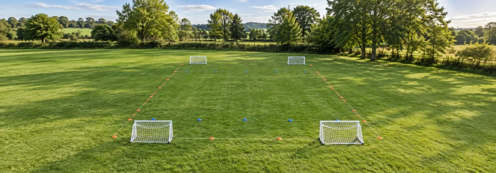 Leeres Funino-Spielfeld mit vier Minitoren und Markierungstellern auf dem Rasen.