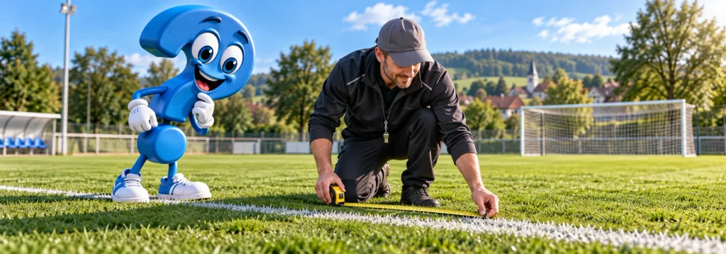 Trainer misst die Linien eines Fußballfelds mit einem Maßband aus