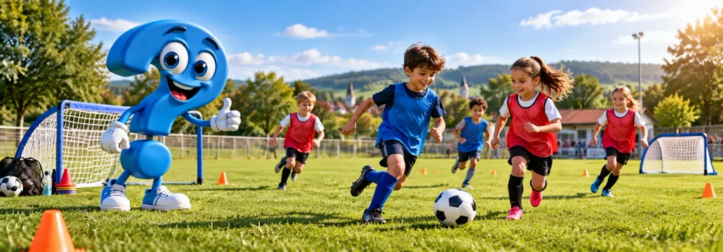Kinder beim Fußballtraining auf einem Fußballfeld mit kleinen Toren und blauem Fragezeichen-Maskottchen