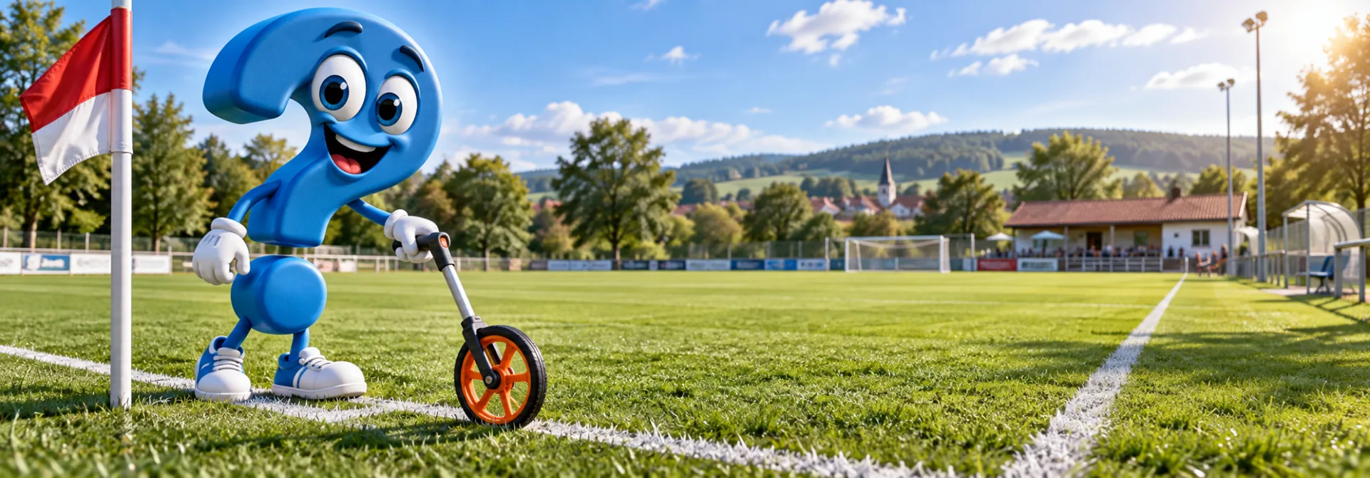 Blaues Fragezeichen-Maskottchen misst die Fuballfeld-Größe mit einem Messrad