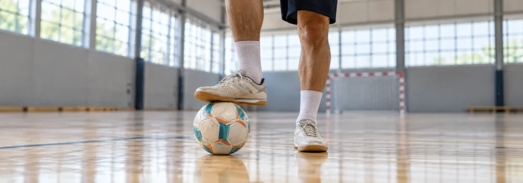Ein Futsal-Spieler kontrolliert den Ball mit der Schuhsohle auf dem Hallenboden.