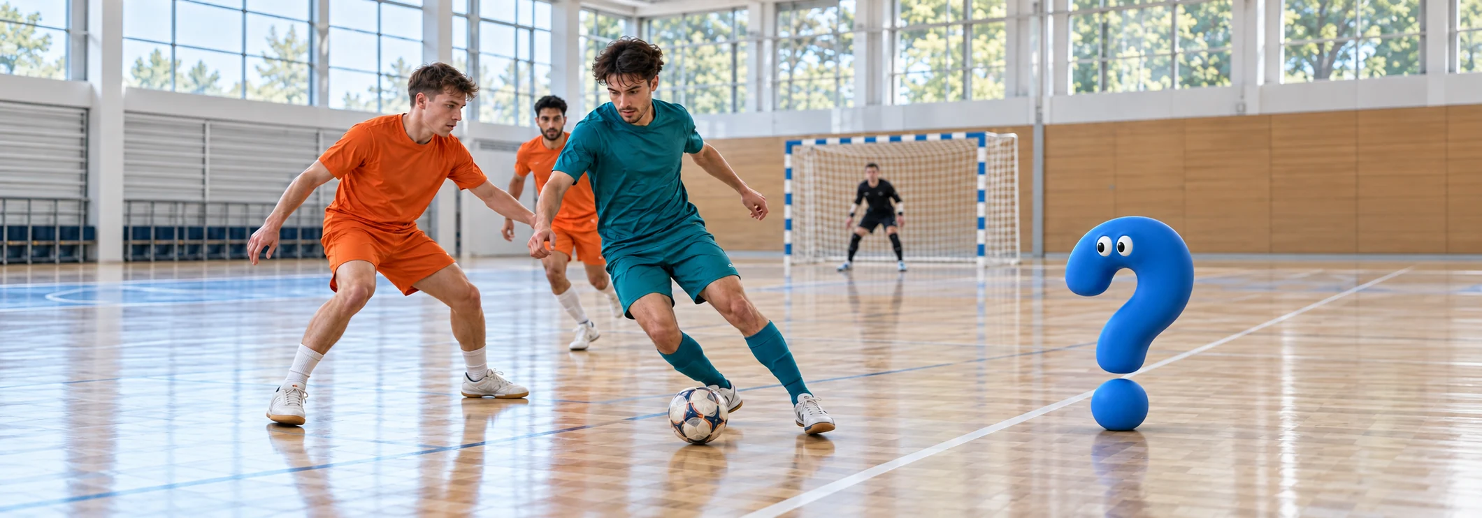 Futsal in einer Sporthalle mit blauem Fragezeichen-Maskottchen am Spielfeldrand.
