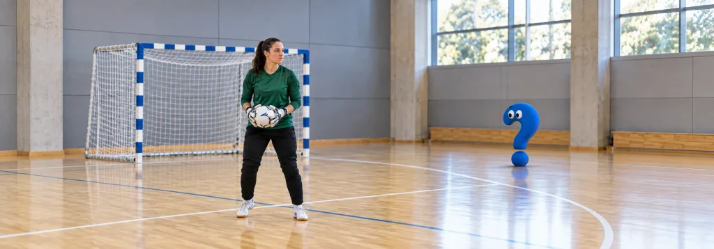 Futsal-Torhüterin hält den Ball vor dem Hallentor, rechts steht ein blaues Fragezeichen-Maskottchen.