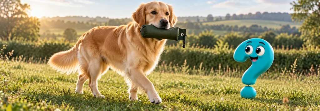 Golden Retriever trägt einen grünen Apportierdummy über eine Wiese, daneben ein türkisfarbenes Fragezeichen.