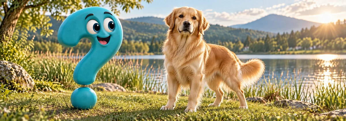 Golden Retriever mit goldfarbenem Fell am Seeufer neben einem türkisfarbenen Fragezeichen.
