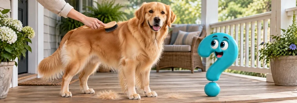 Das Fell eines Golden Retrievers wird auf einer Terrasse gebürstet, während ein türkisfarbenes Fragezeichen zusieht.