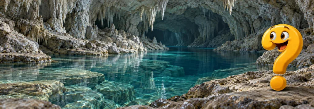 Karsthöhle mit unterirdischem Gewässer als Lebensraum von Grottenolmen und dem Question-King-Fragezeichen.