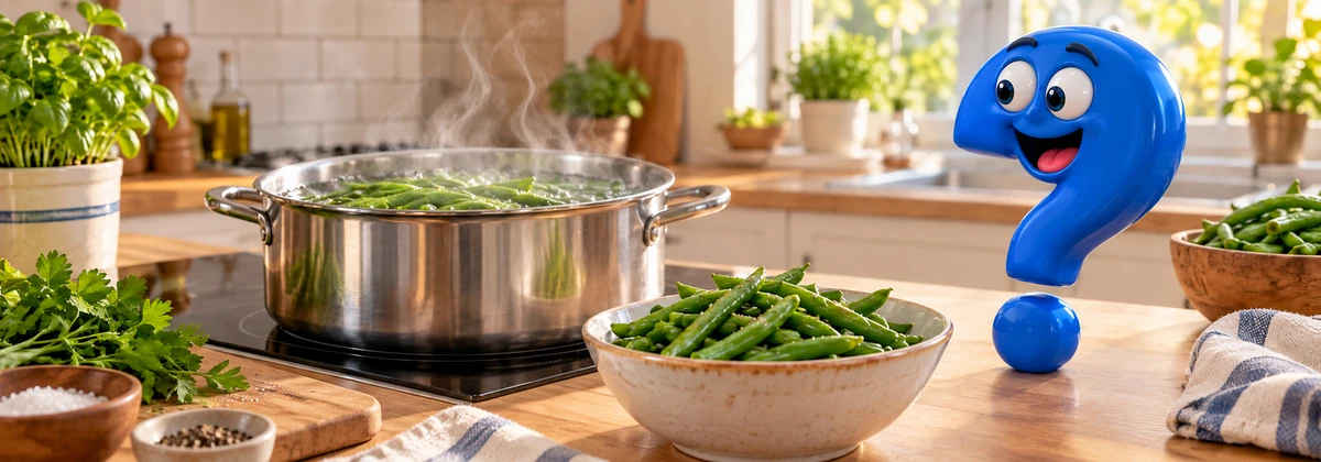 Grüne Bohnen kochen in einem dampfenden Topf neben dem blauen Question-King-Fragezeichen