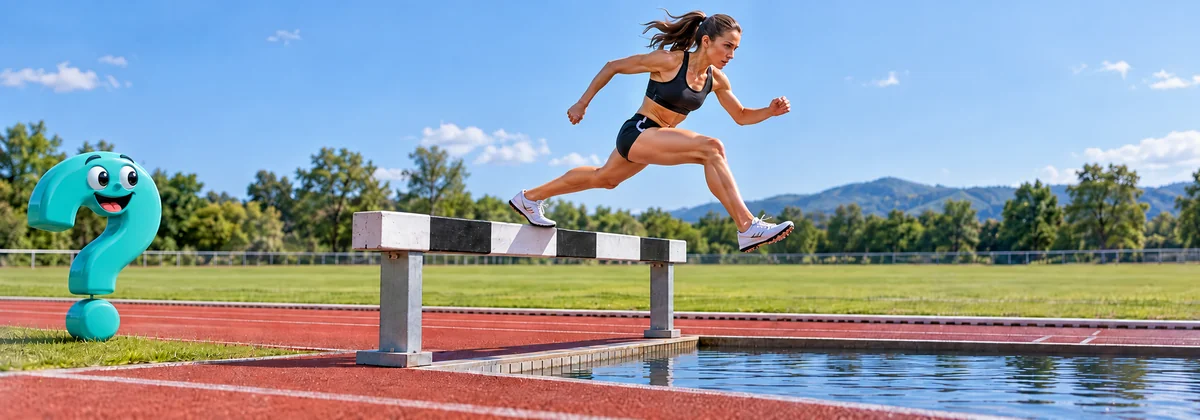 Sportlerin drückt sich beim Hindernislauf am festen Balken des Wassergrabens ab.