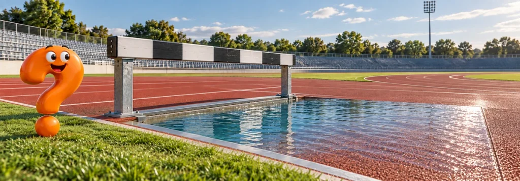 Fester Hindernisbalken mit anschließendem Wassergraben auf einer Leichtathletikanlage.