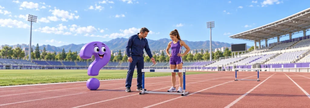 Trainer und Sportlerin besprechen eine niedrige Trainingshürde neben einem violetten Fragezeichen.
