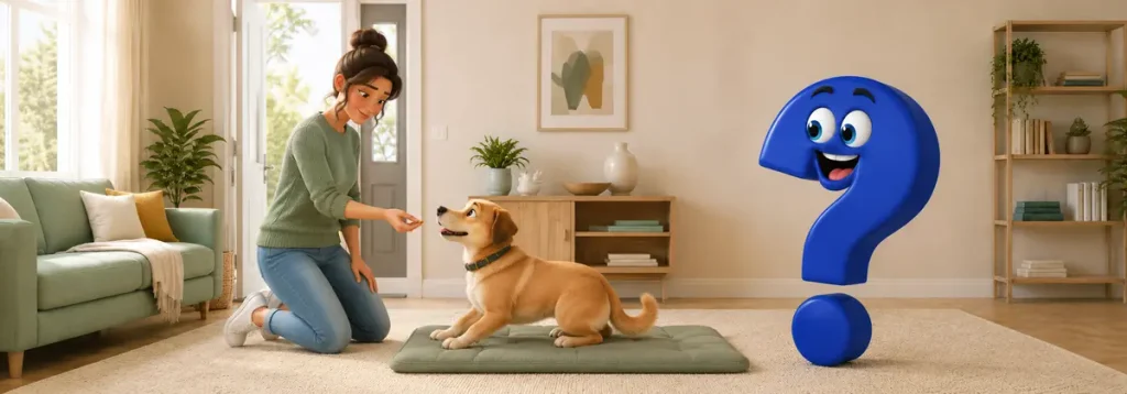 Halterin belohnt ihren Hund für ruhiges Verhalten auf der Decke statt Aufreiten