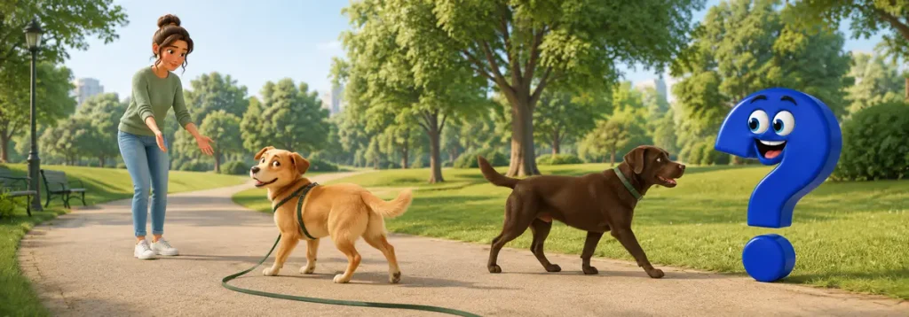 Halterin ruft ihren Hund ruhig aus einer Begegnung mit einem anderen Hund ab