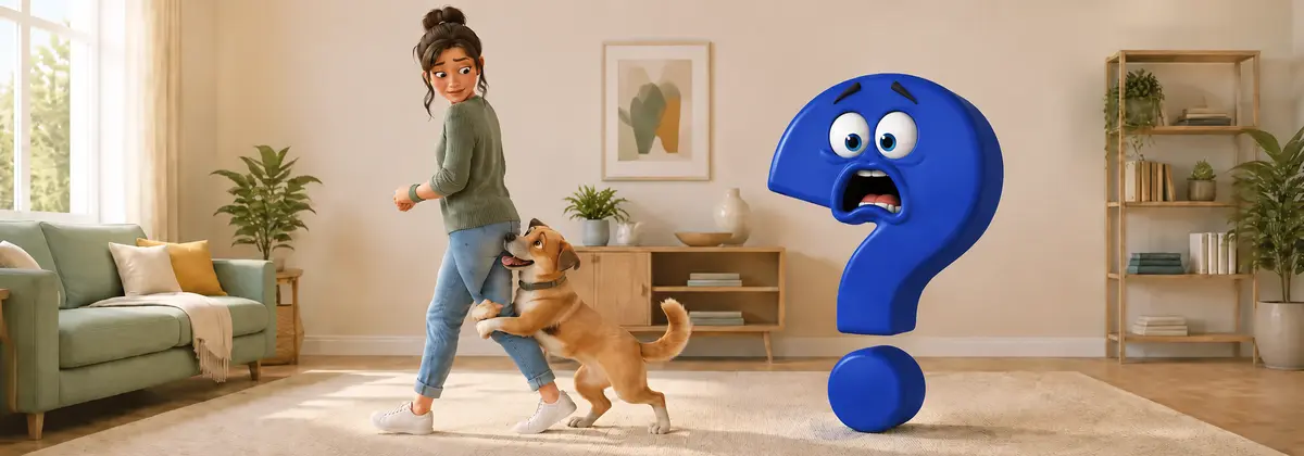 "Hilfe, mein Hund rammelt mein Bein!" denkt sich eine schockierte Halterin neben dem blauen Question-King-Fragezeichen