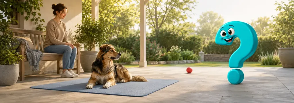 Ein entspannter Hund bleibt auf seiner Matte, obwohl ein Ball sichtbar ist – ein Beispiel für Frustrationstoleranz und Impulskontrolle.