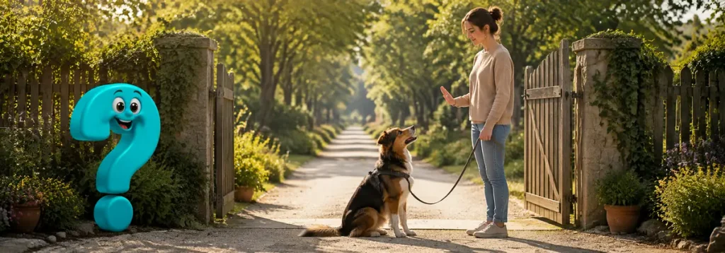 Impulskontrolle beim Hund üben: Der Hund wartet am Gartentor auf das Freigabesignal seiner Halterin.