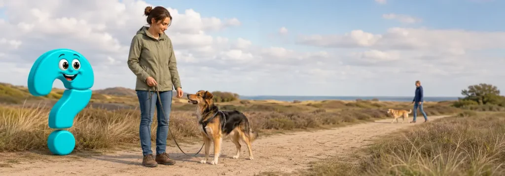 Impulskontrolle bei Hundebegegnungen: Ein Hund orientiert sich mit Abstand an seiner Halterin.