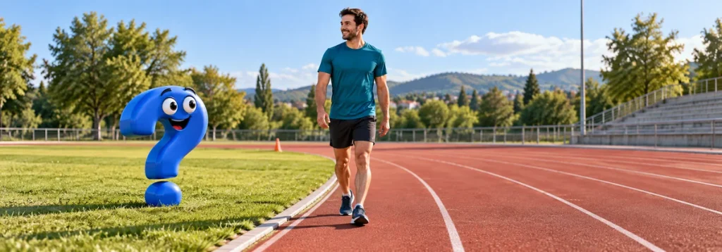 Läufer geht während einer lockeren Erholungspause beim Intervalltraining auf dem Sportplatz.