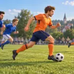 Fußballspieler startet einen Konter, während blaue Gegenspieler zurücklaufen und das gelbe Fragezeichen zuschaut.