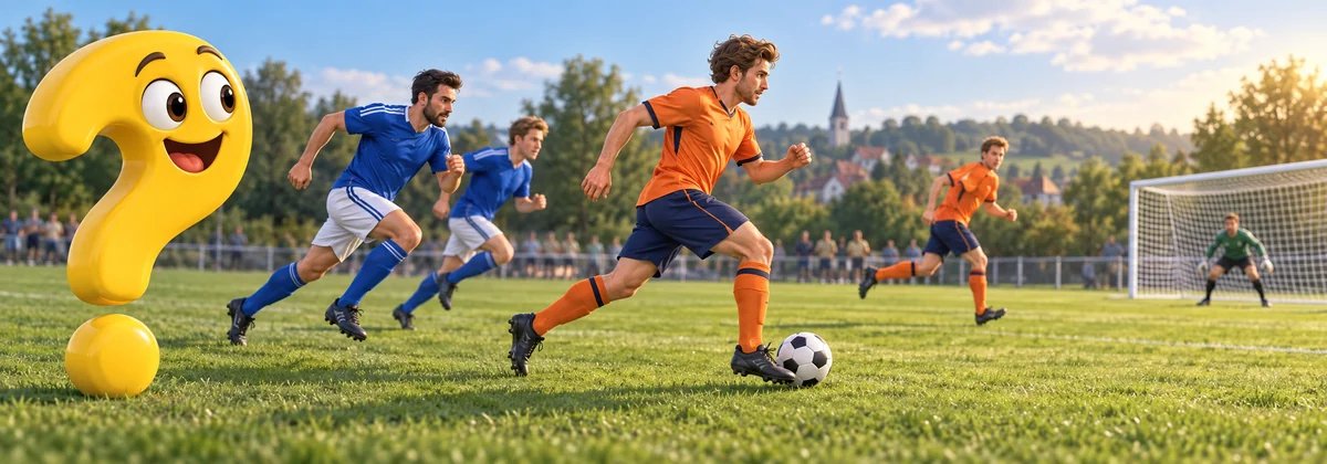 Fußballspieler startet einen Konter, während blaue Gegenspieler zurücklaufen und das gelbe Fragezeichen zuschaut.