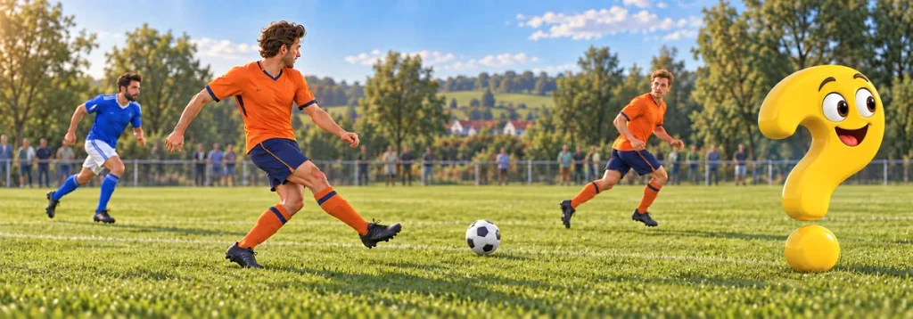 Ein Spieler passt den Ball in den Lauf seines Mitspielers, daneben das gelbe Question-King-Fragezeichen.