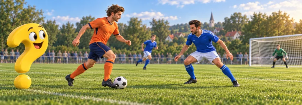 Ein blauer Verteidiger stellt einen Angreifer mit Ball, während ein Mitspieler zurückläuft und das Fragezeichen zuschaut.
