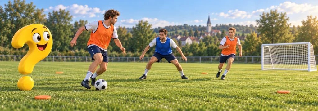 Zwei Spieler in orangefarbenen Leibchen üben gegen einen blauen Verteidiger vor einem Minitor, begleitet vom gelben Fragezeichen.