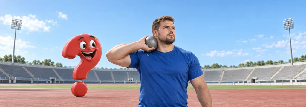 Sportler hält eine Metallkugel mit einer Hand dicht am Hals, neben ihm das Fragezeichen.