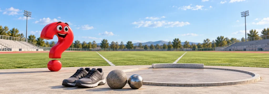 Zwei unterschiedliche Kugeln und Sportschuhe neben einem Kugelstoßring mit rotem Fragezeichen.