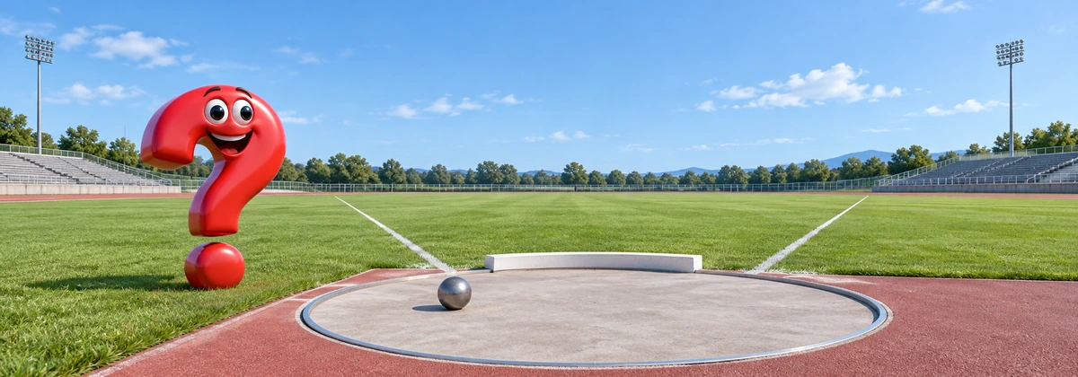 Kugelstoßen: Ring mit weißem Stoßbalken, Metallkugel und rotem Fragezeichen außerhalb des Sektors.